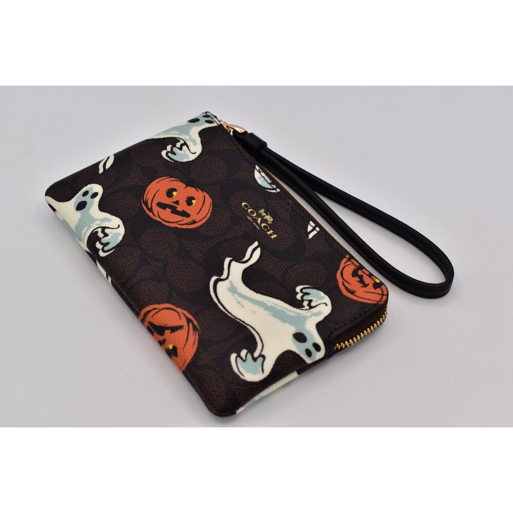 Coach Corner Zip Wristlet In Signature Canvas With Halloween Print Walnut Ghost - Picture 7 of 16
